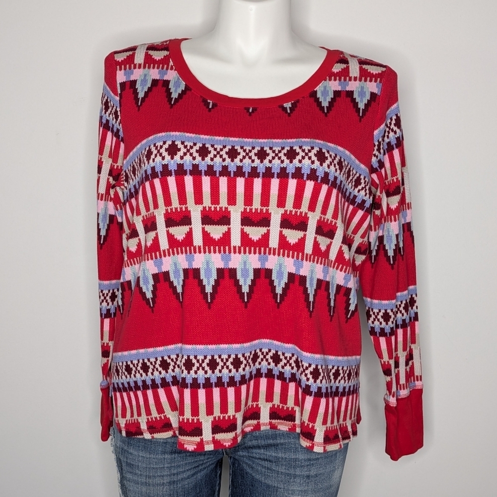 Victoria's Secret Red Purple Geometric Heart Waffle Knit Long Sleeve Pajama Top